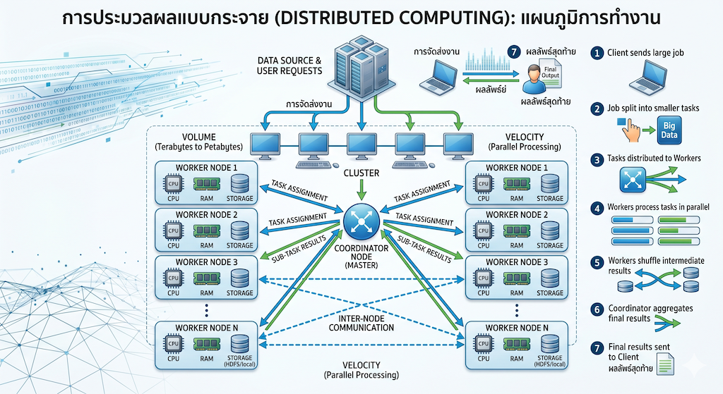 แผนภาพระบบการทำงาน Distributed Computing (ภาพสร้างโดย Google Gemini)